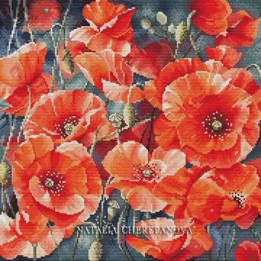 Fast Shipping Red Poppies Cross Stitch Pattern