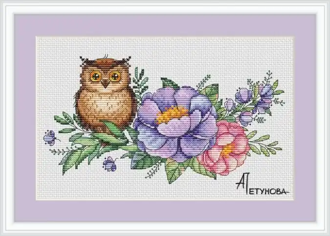 Little Owl and Flowers Cross Stitch Pattern Free Returns