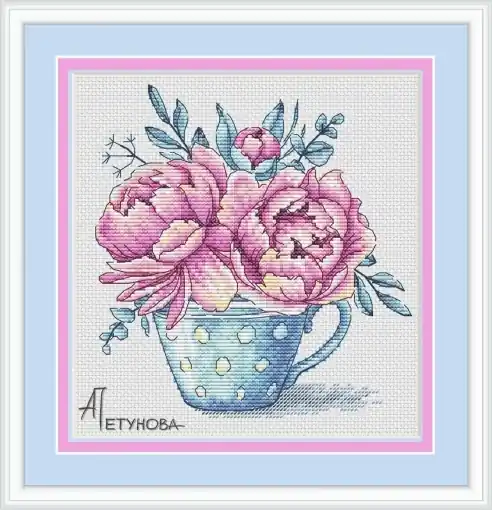Authentic Peonies in a Vase Cross Stitch Pattern