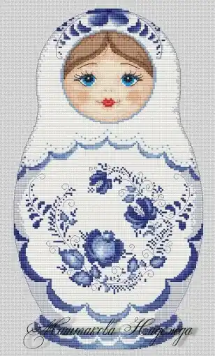 Certified Matryoshka with Gzhel Painting Cross Stitch Pattern