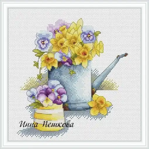 Bouquet with a Watering Can Cross Stitch Pattern Time-Limited