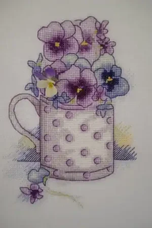 Pansies in a Polka Dot Cup Cross Stitch Pattern Final Sale