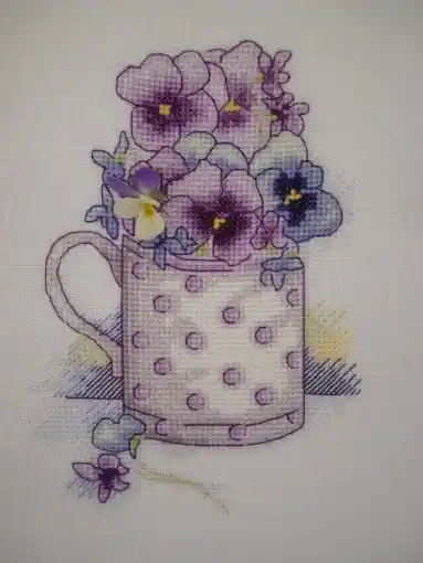 Pansies in a Polka Dot Cup Cross Stitch Pattern Final Sale