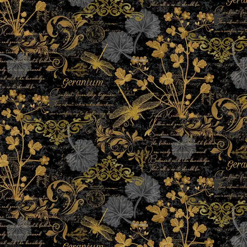 Timeless Treasures Fleur-CD3182 Black Text and Floral Fast Shipping
