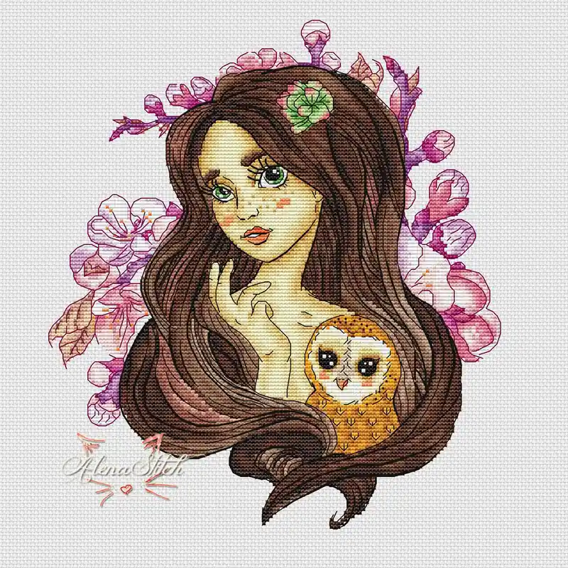 Modern Girl with an owl - PDF Cross Stitch Pattern
