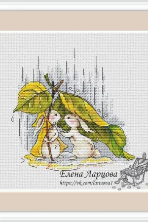 Autumn Bunnies. Under Rain - PDF Cross Stitch Pattern Exclusive