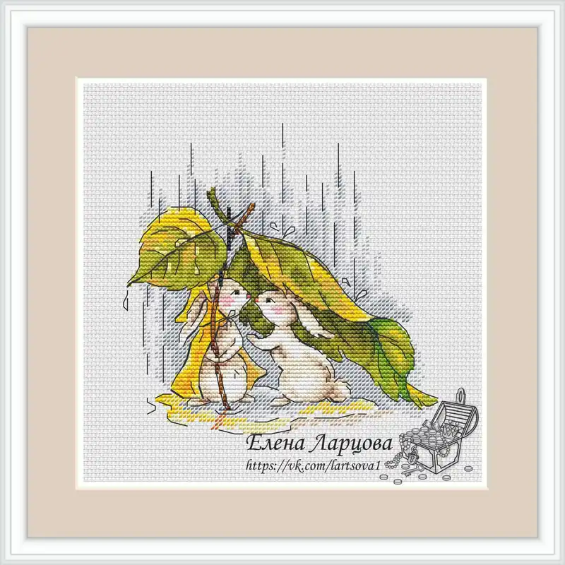 Autumn Bunnies. Under Rain - PDF Cross Stitch Pattern Exclusive