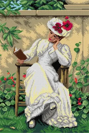Shop Now Lady with a Book in the Garden 3290M Needlepoint canvas for halfstitch without yarn