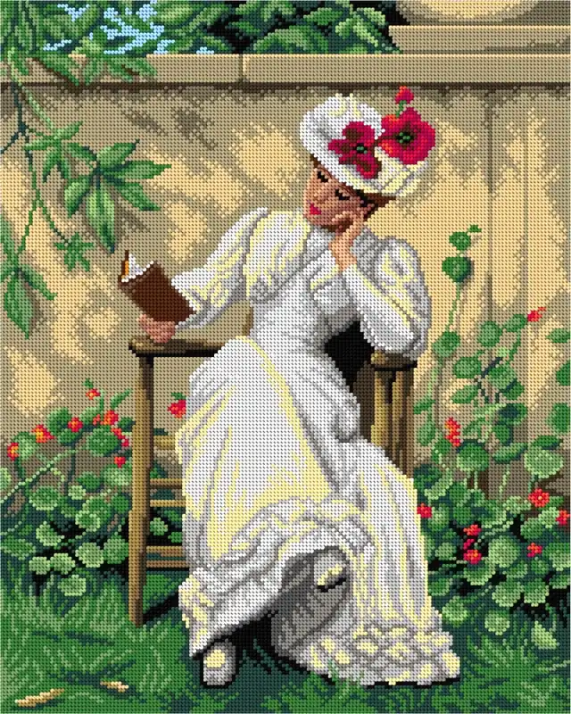 Shop Now Lady with a Book in the Garden 3290M Needlepoint canvas for halfstitch without yarn