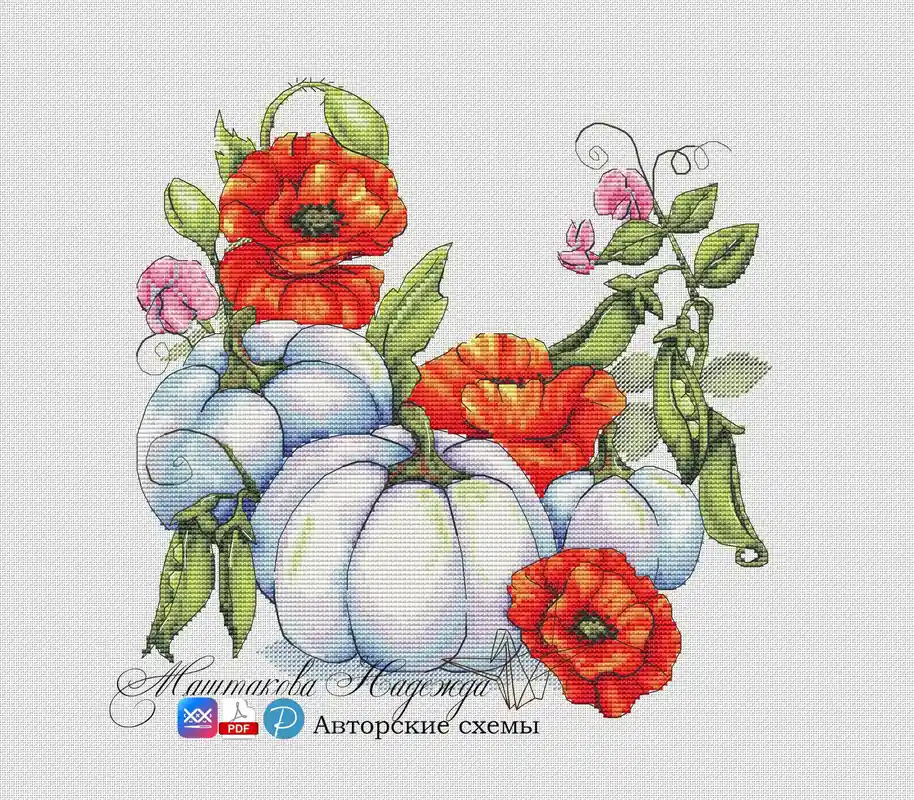 Pumpkins with Poppies - PDF Cross Stitch Pattern Must Have