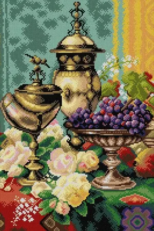 Limited Edition Needlepoint canvas for halfstitch without yarn after Jean Baptiste Robie - Still Life with Roses, Grapes and a Silver Inlaid Nautilus Shell 2867M