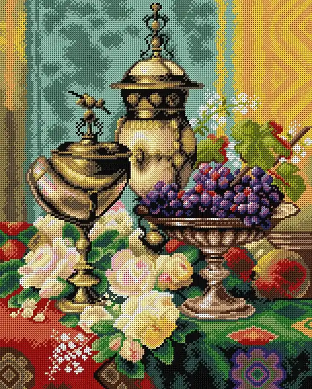 Limited Edition Needlepoint canvas for halfstitch without yarn after Jean Baptiste Robie - Still Life with Roses, Grapes and a Silver Inlaid Nautilus Shell 2867M