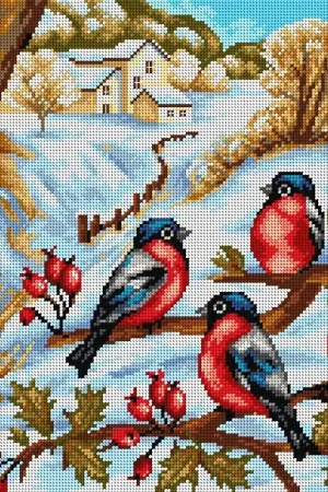 Needlepoint canvas for halfstitch without yarn Winter Landscape with Bullfinches 2421M Hassle-Free Returns