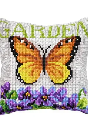 Cushion cross stitch kit "Butterfly and Violets" Warranty Included