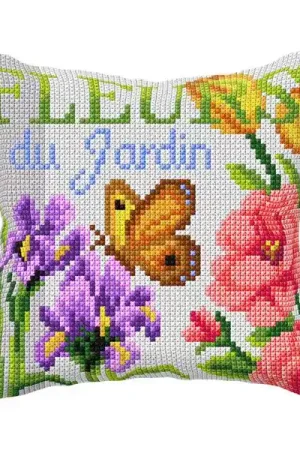Cushion cross stitch kit "Butterfly, Irises and Rose" Next Day Delivery