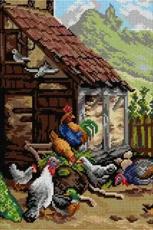 Authentic Gobelin canvas for halfstitch without yarn after Carl Jutz - Chickens and Peacock in the Yard