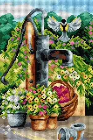 Place Order Gobelin canvas for halfstitch without yarn Waterpump in Flowers