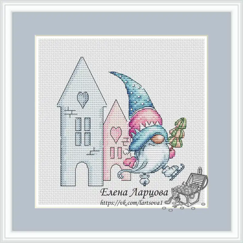 Warranty Included Dwarf with Christmas Houses - PDF Cross Stitch Pattern