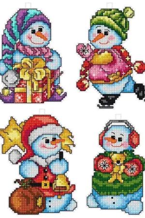 Counted cross stitch kit with plastic canvas "Snowmen" set of 4 designs 7609 Authentic
