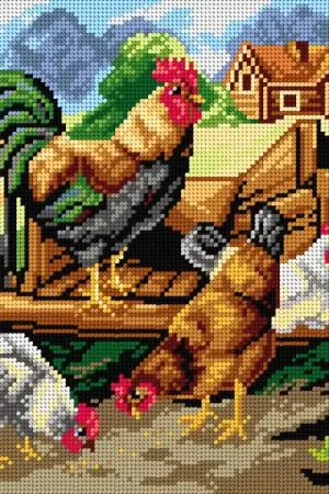 Authentic Gobelin canvas for halfstitch without yarn Roaster and Chickens 3033J