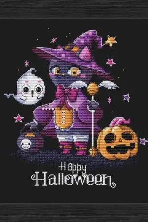 Best Choice Chloe. Halloween Cat with Pumpkin and Ghost - PDF Cross Stitch Pattern
