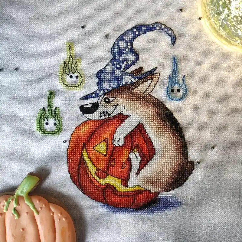 Buddy with Pumpkin. Halloween Dog - PDF Cross Stitch Pattern Worldwide Shipping