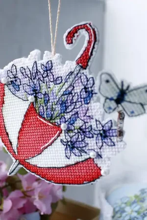 Worldwide Shipping Umbrella with Lilac Flowers. Plastic Canvas - PDF Cross Stitch Pattern