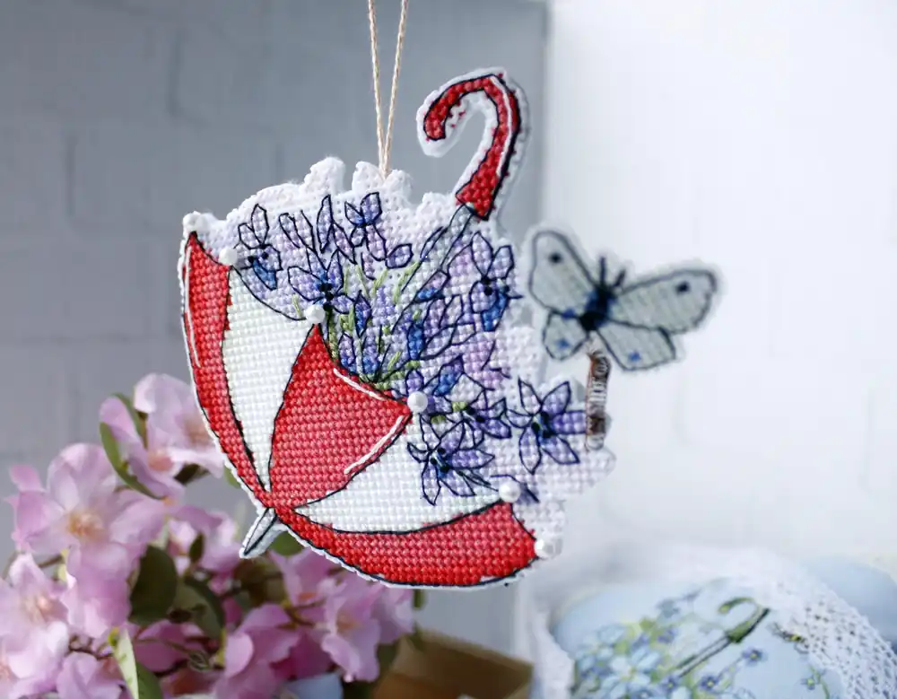 Worldwide Shipping Umbrella with Lilac Flowers. Plastic Canvas - PDF Cross Stitch Pattern