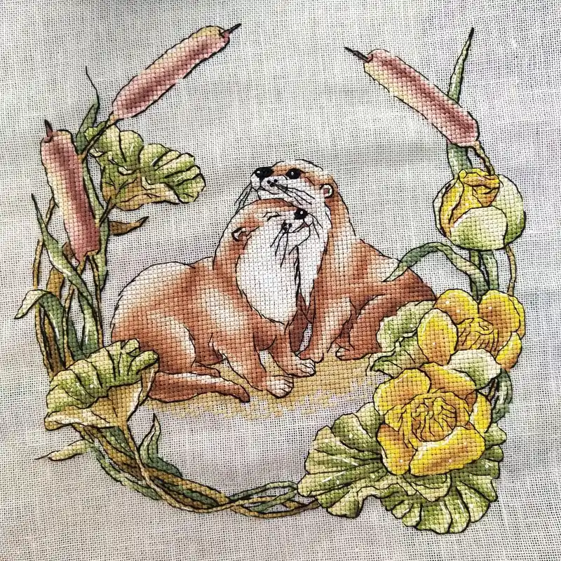 Authentic Otters in Water Lilies - PDF Cross Stitch Pattern