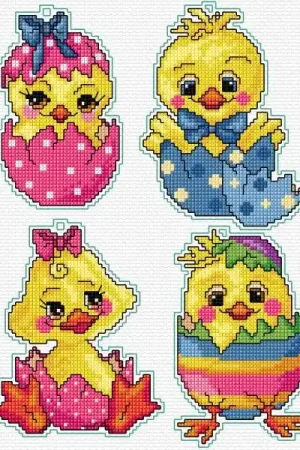 Money Back Guarantee Counted cross stitch kit with plastic canvas "Easter chicken" set of 4 designs 7668