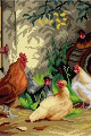 Needlepoint canvas for halfstitch without yarn after Carl Jutz the Elder - Chickens in front of the Stable 3288J - Printed Tapestry Canvas Clearance