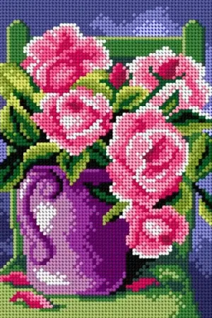 Fan Favorite Needlepoint canvas for halfstitch without yarn Roses in a Purple Jug 3021F - Printed Tapestry Canvas