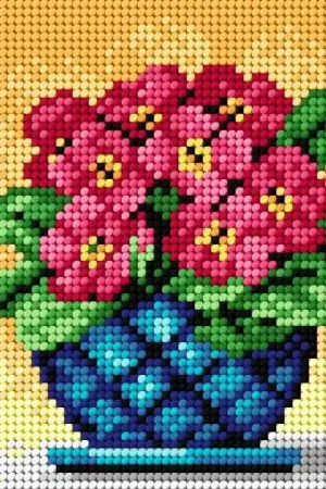 Needlepoint canvas for halfstitch without yarn Bouquet of Primroses in a Blue Vase 2251D - Printed Tapestry Canvas Hassle-Free Returns