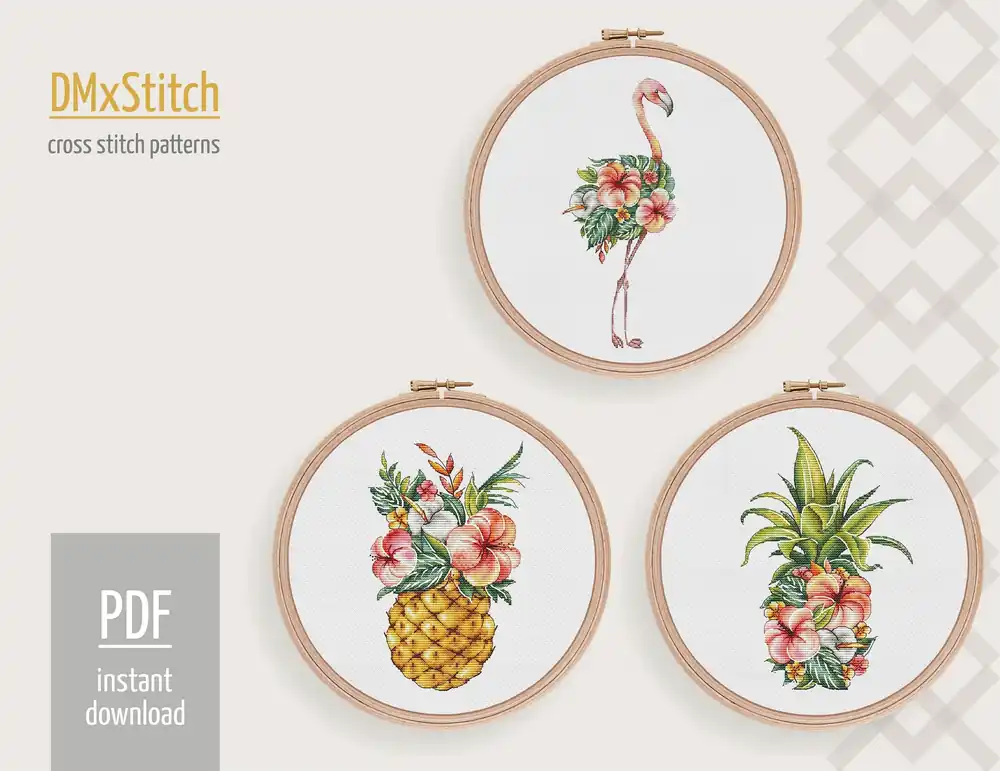 Tropical set Cross stitch pattern Flowers Cross Stitch pdf Modern cross stitch pattern Flamingo cross stitch Pineapple cross stitch Aloha Price Drop