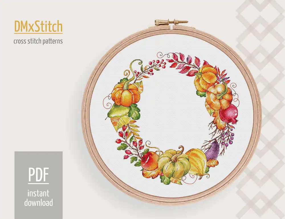 Luxury Autumn wreath Cross stitch pattern Fall Cross Stitch pdf Modern cross stitch pattern Pumpkin cross stitch Counted cross stitch Thanksgiving