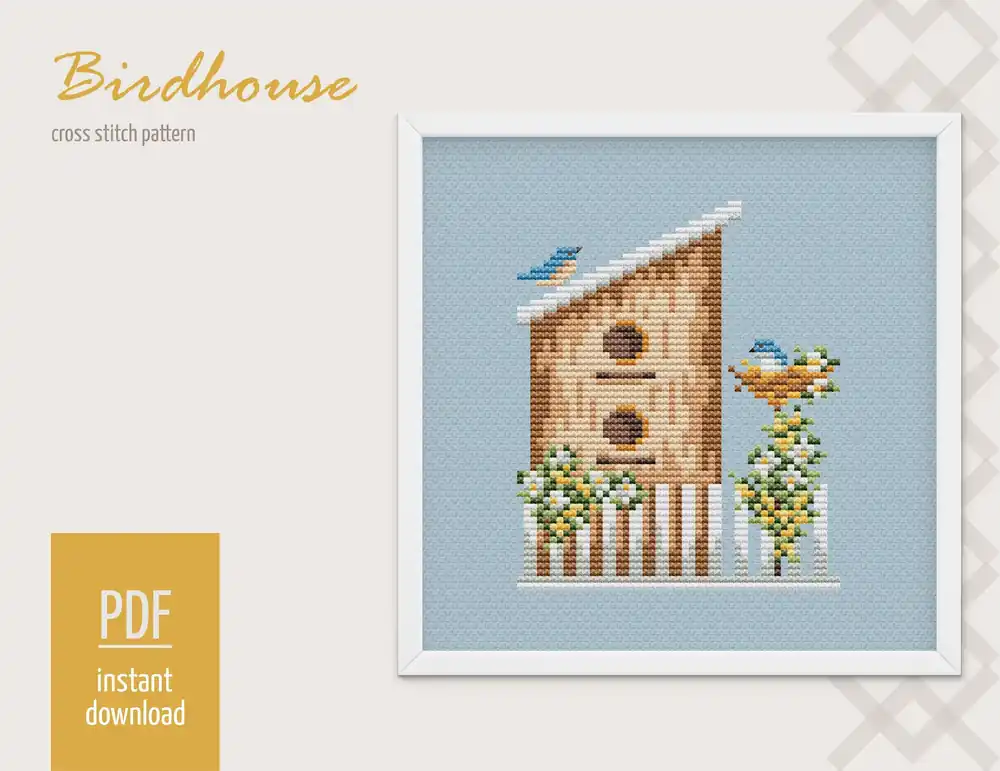 Birdhouse Cross stitch pattern, Spring Modern Cross Stitch Chart, Garden Cross stitch pattern PDF, Needlepoint Pattern, Embroidery design Premium