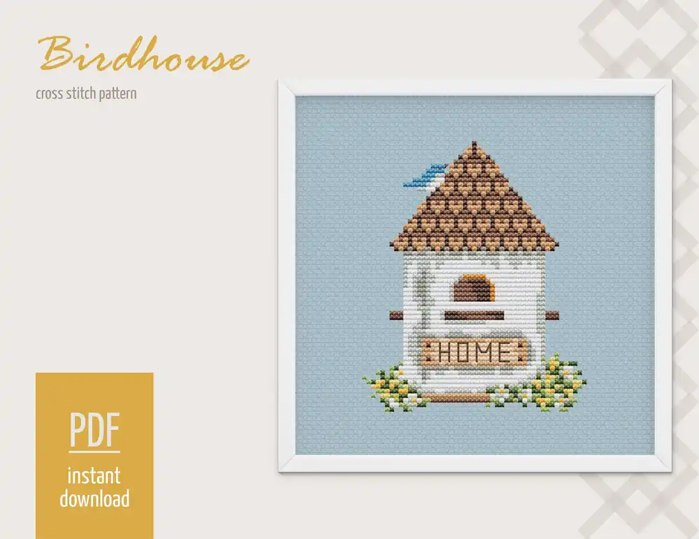 Birdhouse Cross stitch pattern, Spring Modern Cross Stitch Chart, Garden Cross stitch pattern PDF, Needlepoint Pattern, Embroidery design Free Returns