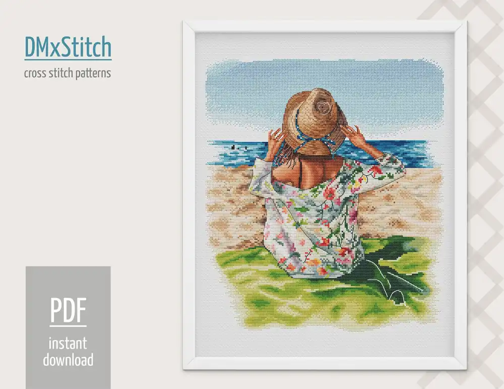 Money Back Guarantee Girl on the beach Cross stitch pattern Ocean Cross Stitch pdf Modern cross stitch pattern Sea cross stitch Counted cross stitch Summer