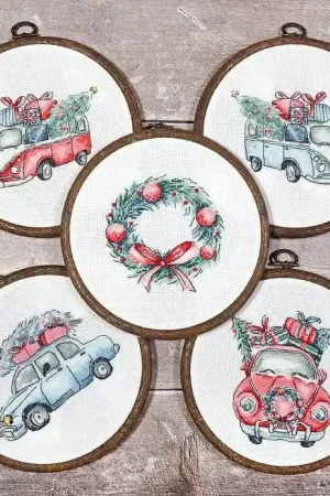 Factory Price Counted Cross Stitch Kit Christmas Retro Cars / Kit of 5 Leti965