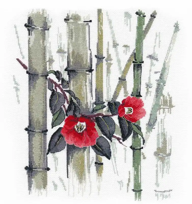 Camellias in bamboo grove 1268 Counted Cross Stitch Kit Authentic