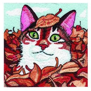 Kitty in Leaves Embroidery Design Professional Grade