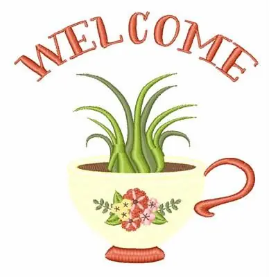 Tea Cup Welcome Embroidery Design Genuine