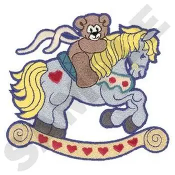Worldwide Shipping Bear On Rocking Horse Embroidery Design