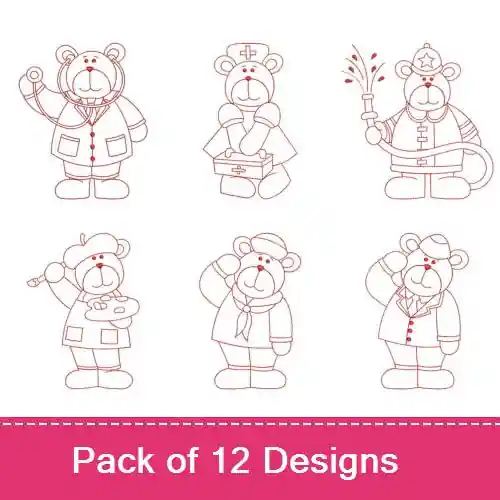 Redwork Occupation Bears Embroidery design pack by Ace Points, Embroidery Packs on EmbroideryDesigns.com Weekend Sale