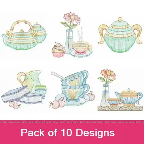 Rippled Tea Time Embroidery design pack by Ace Points, Embroidery Packs on EmbroideryDesigns.com Budget