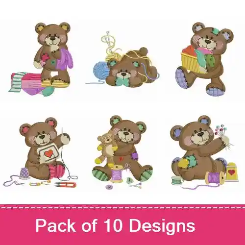 Patchwork Sewing Teddy Embroidery design pack by Ace Points, Embroidery Packs on EmbroideryDesigns.com Top Pick
