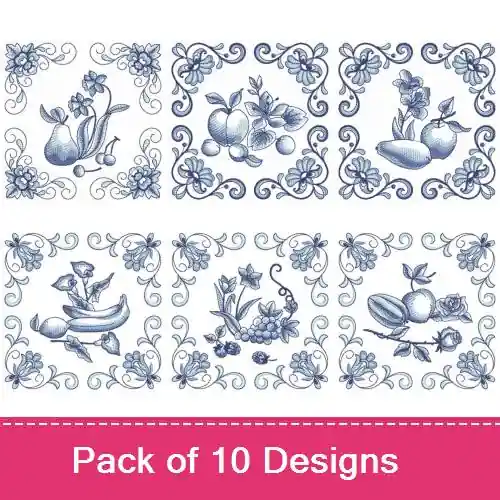 Editor’s Pick Blue Jacobean Fruits Embroidery design pack by Ace Points, Embroidery Packs on EmbroideryDesigns.com