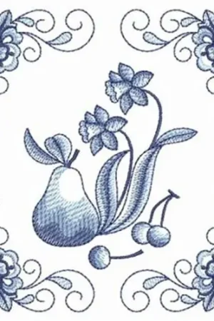 Blue Jacobean Pear Embroidery Design Certified