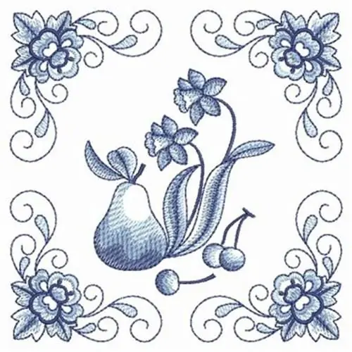 Blue Jacobean Pear Embroidery Design Certified