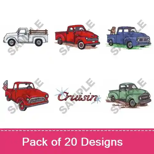 VINTAGE TRUCKS I Embroidery design pack by Great Notions, Embroidery Packs on EmbroideryDesigns.com Warranty Included